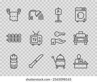 Set line Trash can, Hotel reception desk, Parking, Knife, Toilet paper roll, Retro tv, Covered with tray and Taxi car icon. Vector