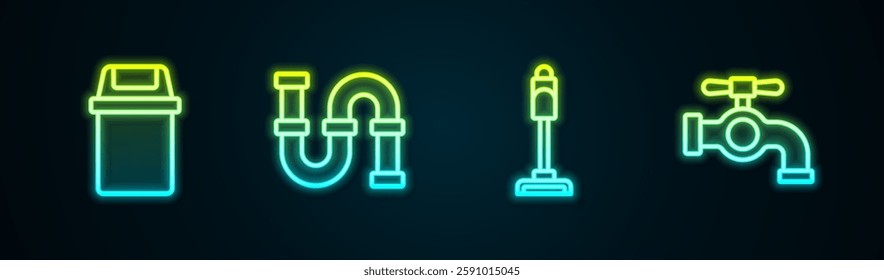 Set line Trash can, Industry metallic pipe, Vacuum cleaner and Water tap. Glowing neon icon. Vector
