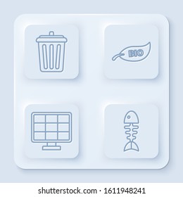 Set line Trash can, Leaf Bio symbol, Solar energy panel and Fish skeleton. White square button. Vector