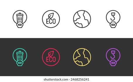Set line Trash can, Leaf Eco symbol, Worldwide and Industrial hook on black and white. Vector