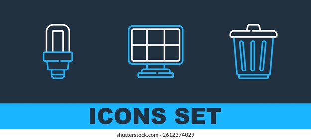 Set line Trash can, LED light bulb and Solar energy panel icon. Vector