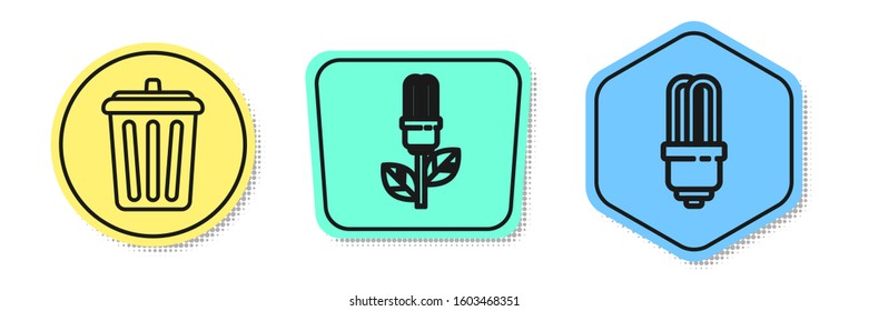 Set line Trash can, Light bulb with leaf and LED light bulb. Colored shapes. Vector