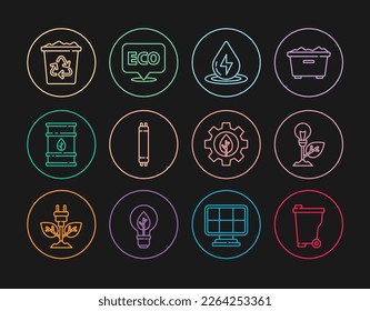 Fijar la línea Basura, Bombilla con hoja, Energía de agua, Lámpara fluorescente, Bio-barril de combustible, Reciclaje de papelera, Máquina de engranajes de planta de hojas y Etiqueta para un ícono de comida saludable ecológica. Vector