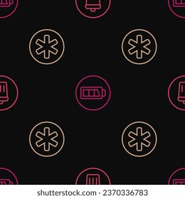 Set line Trash can, Medical symbol of the Emergency and Battery on seamless pattern. Vector