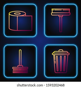 Set line Trash can , Mop , Toilet paper roll  and Squeegee, scraper, wiper. Gradient color icons. Vector