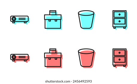 Set line Trash can, Movie, film, media projector, Briefcase and Drawer with documents icon. Vector