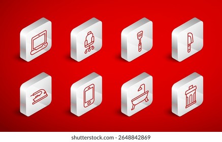 Set line Trash can, Office chair, Spatula, Knife, Bathtub, Laptop, Mobile phone and Electric iron icon. Vector