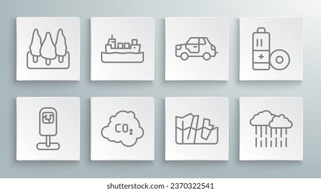 Set line Trash can, Oil tanker ship, CO2 emissions in cloud, Glacier melting, Cloud with rain, Car, Battery and Forest icon. Vector