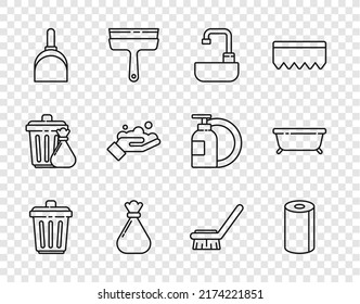 Set line Trash can, Paper towel roll, Washbasin with water tap, Garbage bag, Dustpan, Washing hands soap, Brush for cleaning and Bathtub icon. Vector