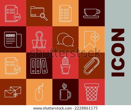 Set line Trash can, Paper clip, Bookmark, File document, Binder, News, Document with minus and Speech bubble chat icon. Vector