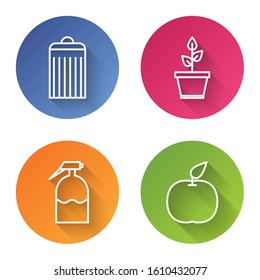 Set line Trash can, Plant in pot, Garden sprayer and Apple. Color circle button. Vector