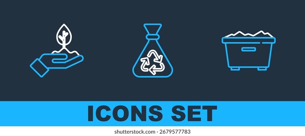 Set line Trash can, Plant in hand and Garbage bag with recycle icon. Vector
