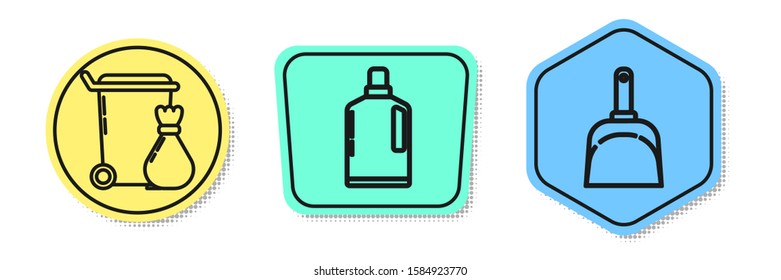 Set line Trash can , Plastic bottles for liquid dishwashing liquid and Dustpan . Colored shapes. Vector