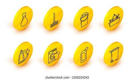 Set line Trash can, Plastic bottles for liquid dishwashing liquid, Washer and t-shirt, Bucket with foam bubbles, Mop and Garbage bag icon. Vector
