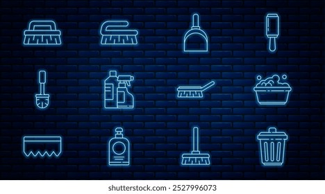 Set line Trash can, Plastic basin with soap suds, Dustpan, Bottles for cleaning agent, Toilet brush, Brush,  and  icon. Vector