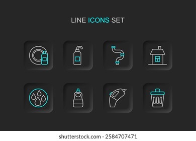 Set line Trash can, Portable vacuum cleaner, Dishwashing liquid bottle, Water drop, House, Industry metallic pipe, Antibacterial soap and and plate icon. Vector