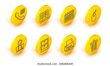 Set line Trash can, Printer, Archive papers drawer, Binder clip, Computer mouse, Calendar, Office folders with and documents and Telephone handset icon. Vector