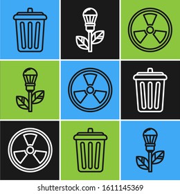 Set line Trash can, Radioactive and Light bulb with leaf icon. Vector
