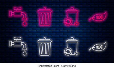 Set line Trash can, Recycle bin with recycle symbol, Water tap and Leaf Bio symbol. Glowing neon icon on brick wall. Vector