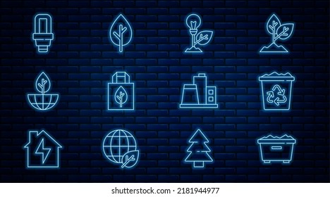 Set line Trash can, Recycle bin with recycle, Light bulb leaf, Shopping bag, Earth globe and plant, LED light, Factory and Tree icon. Vector
