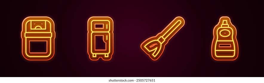 Set line Trash can, Refrigerator, Handle broom and Dishwashing liquid bottle. Glowing neon icon. Vector