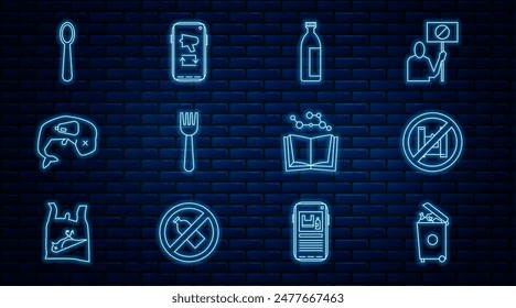 Set line Trash can, Say no to plastic bags poster, Lotion cosmetic tube, Disposable fork, Environment protection whale dead, spoon, Open book and Megaphone mobile icon. Vector