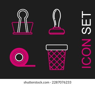 Set line Trash can, Scotch, Stamp and Binder clip icon. Vector