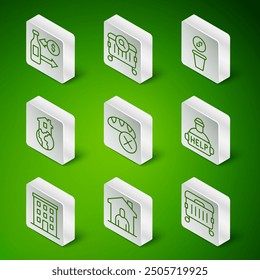 Set line Trash can, Shelter for homeless, Reception of glass bottles, Donation food, Searching, Multi storey building and Help icon. Vector