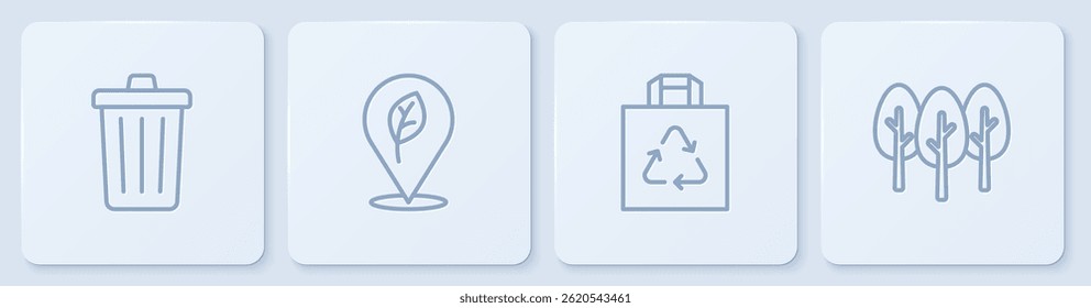 Set line Trash can, Shopping bag with recycle, Location leaf and Tree. White square button. Vector