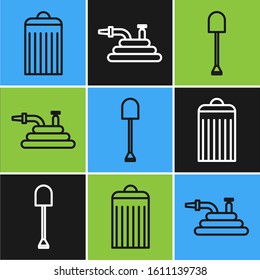 Set line Trash can, Shovel and Garden hose or fire hose icon. Vector