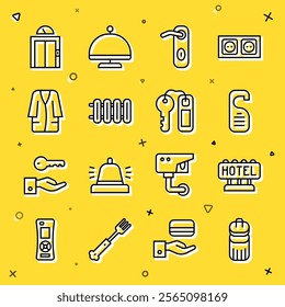 Set line Trash can, Signboard with text Hotel, Please do not disturb, Door handle, Heating radiator, Bathrobe, Lift and door lock key icon. Vector