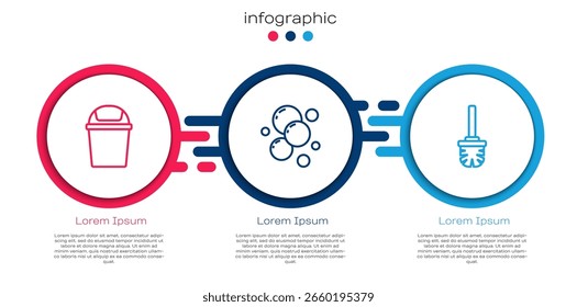Set line Bote de basura, burbujas de agua de jabón y cepillo de inodoro. Plantilla de infografía de negocios. Vector