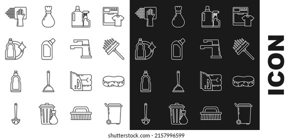 Set line Trash can, Sponge, Squeegee, scraper, wiper, Plastic bottles for liquid dishwashing liquid, Cleaning service and Water tap icon. Vector