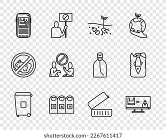 Set line Trash can, Stop plastic pollution, Problem of planet, in garbage cans sorted, Lunch box and ocean icon. Vector