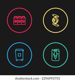 Set line Trash can, Stop ocean plastic pollution, Hands holding Earth globe and garbage cans sorted icon. Vector