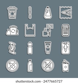 Set line Trash can, Stop ocean plastic pollution, Bottle for dishwashing liquid, Plastic bag, Recycle bin with recycle, Paper glass and Nature saving protest icon. Vector