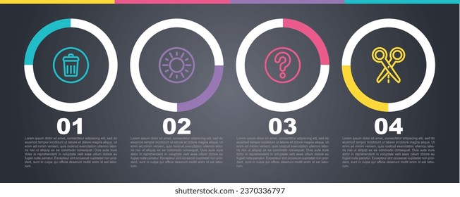 Set line Trash can, Sun, Unknown search and Scissors with cut line. Business infographic template. Vector