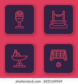 Set line Trash can, Swing boat, Bungee and Soccer goal with ball. Blue square button. Vector
