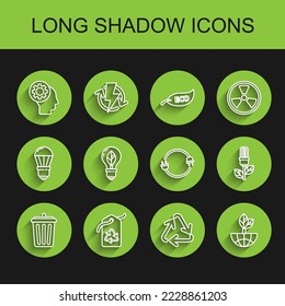 Set line Trash can, Tag with recycle symbol, Human head gear inside, Recycle, Earth globe and leaf, Light bulb,  and Electric plug icon. Vector