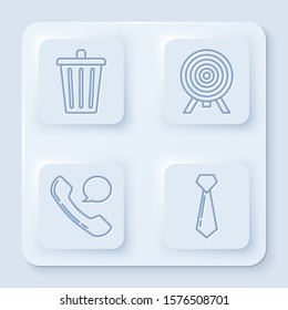 Set line Trash can, Target, Telephone handset and speech bubble chat and Tie. White square button. Vector