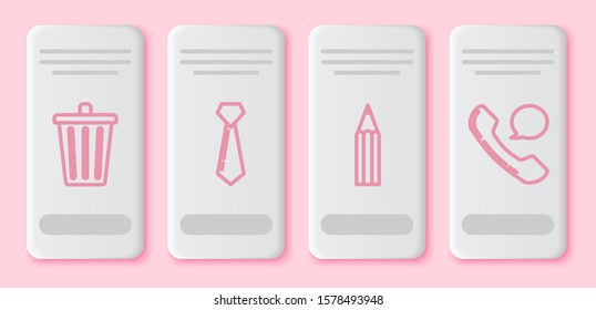 Set line Trash can, Tie, Pencil and Telephone handset and speech bubble chat. White rectangle button. Vector