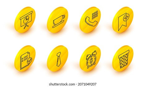 Set line Trash can, Tie, Document and check mark, Bookmark, Telephone handset, Coffee cup flat and Presentation financial board graph, schedule, chart, diagram, infographic, pie graph icon. Vector