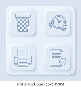Set line Trash can, Time Management, Printer and Document with minus. White square button. Vector