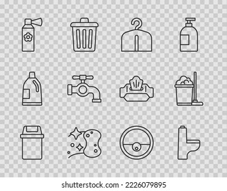 Set-Line-Schüssel, Toilettenschüssel, Schrank Hanger, Schwamm, Luftkühler Spray-Flasche, Wasserhahn, Roboter-Staubsauger und Mop-und Eimer-Symbol. Vektorgrafik