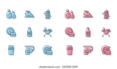 Set line Trash can, Toilet paper roll, Garbage bag, Washing dishes, Bottle for cleaning agent, Iron and ironing board,  and Electric icon. Vector