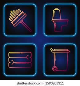 Set line Trash can , Towel stack , Squeegee, scraper, wiper and Toilet bowl . Gradient color icons. Vector