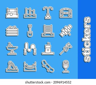 Set line Trash can, Toy horse, Hopscotch, Street light, Shovel toy, Pool with balls, Volleyball net and Swedish wall icon. Vector