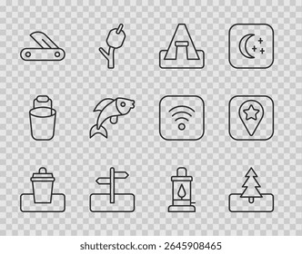 Set line Trash can, Tree, Tourist tent, Road traffic sign, Swiss army knife, Fish, Camping lantern and Location for camping icon. Vector