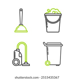 Set line Papelera, Aspirador, Cubo con espuma y burbujas e icono de émbolo de inodoro. Vector