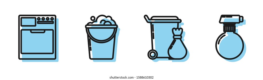 Set line Trash can , Washer , Bucket with foam and bubbles  and Cleaning spray bottle with detergent liquid  icon. Vector